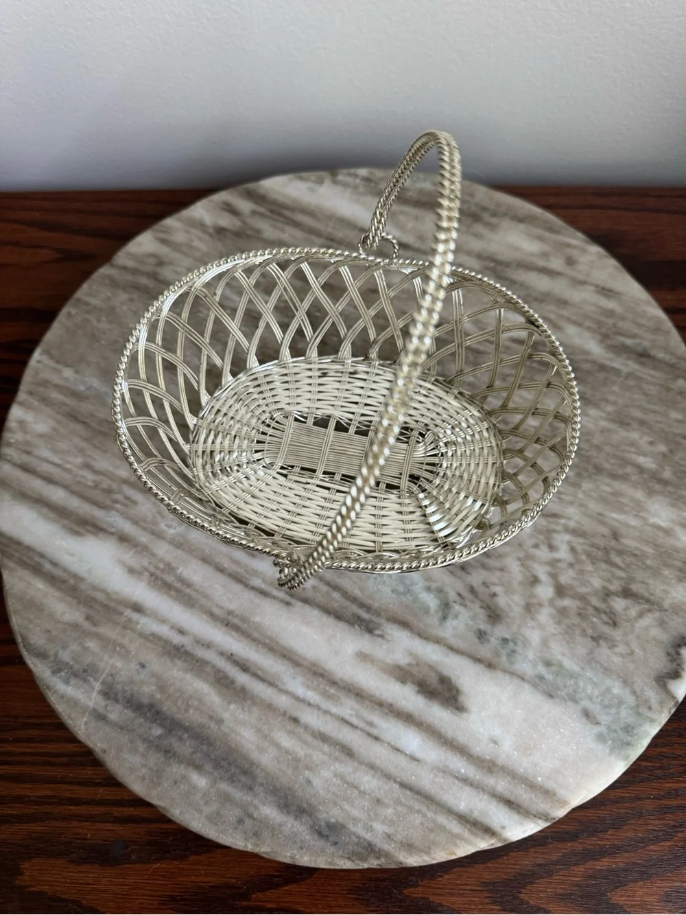 Vintage Silver Woven Metal Basket with Handle